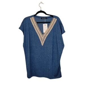 Merokeety NWT Womens Embroidered Top Size XL Blue Bohemian Peasant Preppy Casual